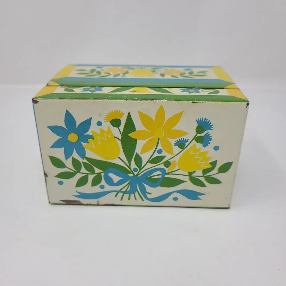 Vintage Metal Recipe Box Floral Yellow White Blue Orange Syndicate Mfg Co *READ